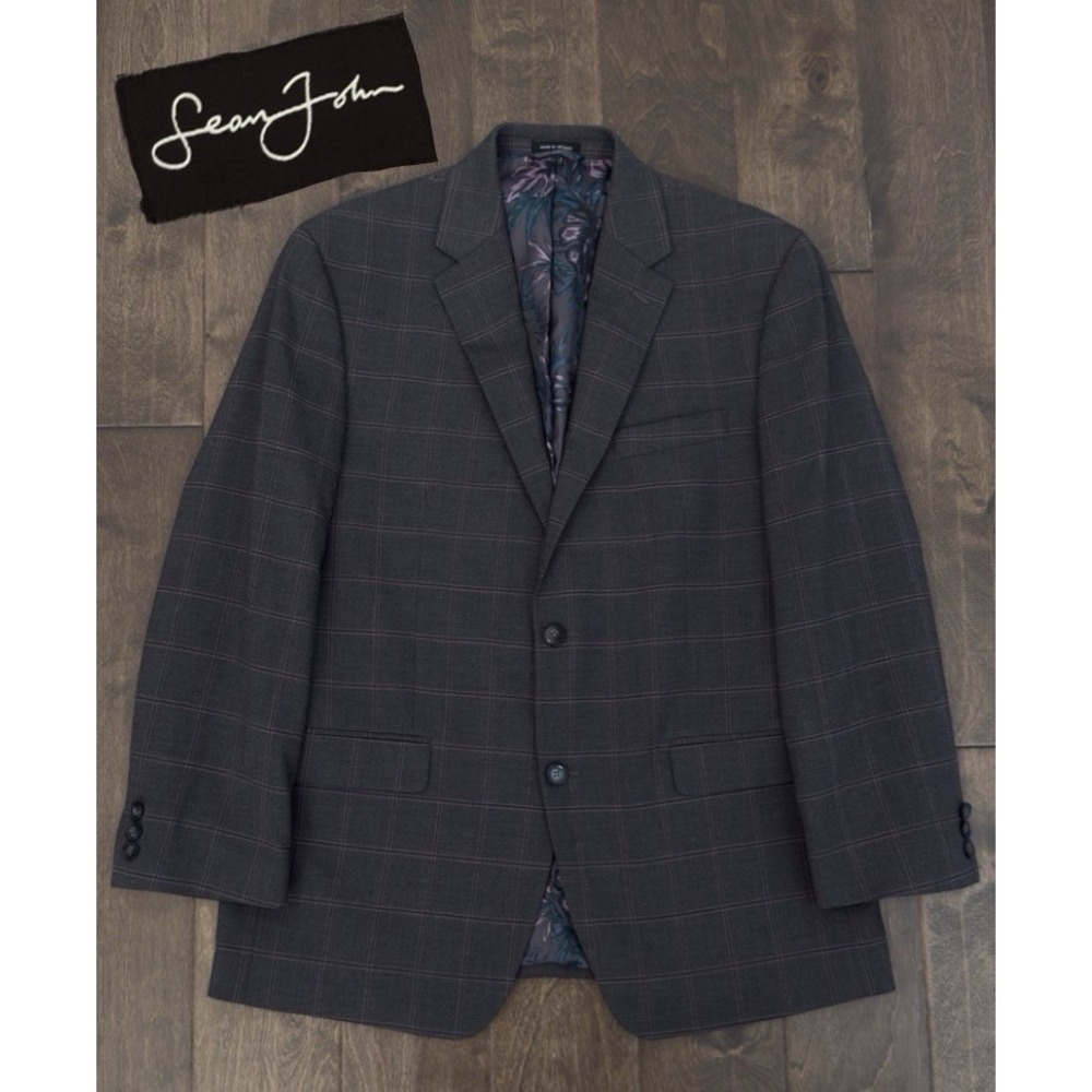 Sean John Mens Suit Jacket Size 42R Gray Windowpane Stretch Blazer Two Button